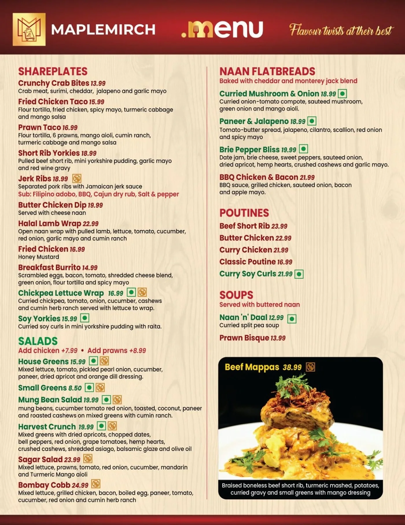 MapleMirch menu page one, shareplates, salads, naan flatbreads, poutines and soups with prices