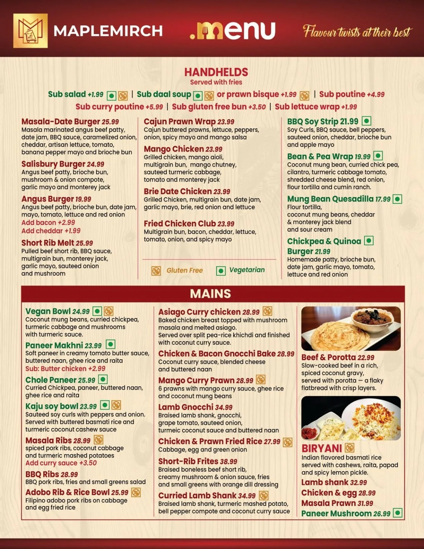 MapleMirch menu page two, handhelds, mains and biryani with prices