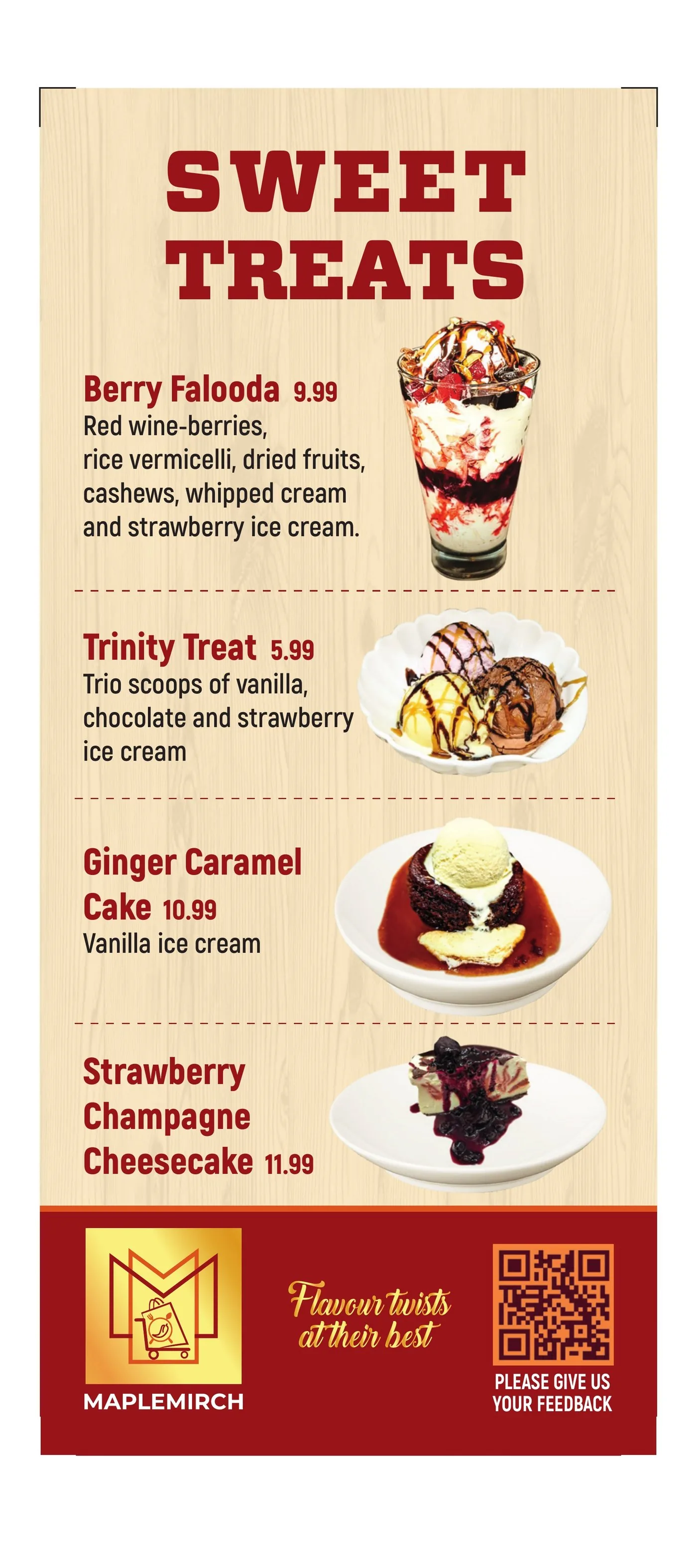 MapleMirch sweet treats dessert menu with prices